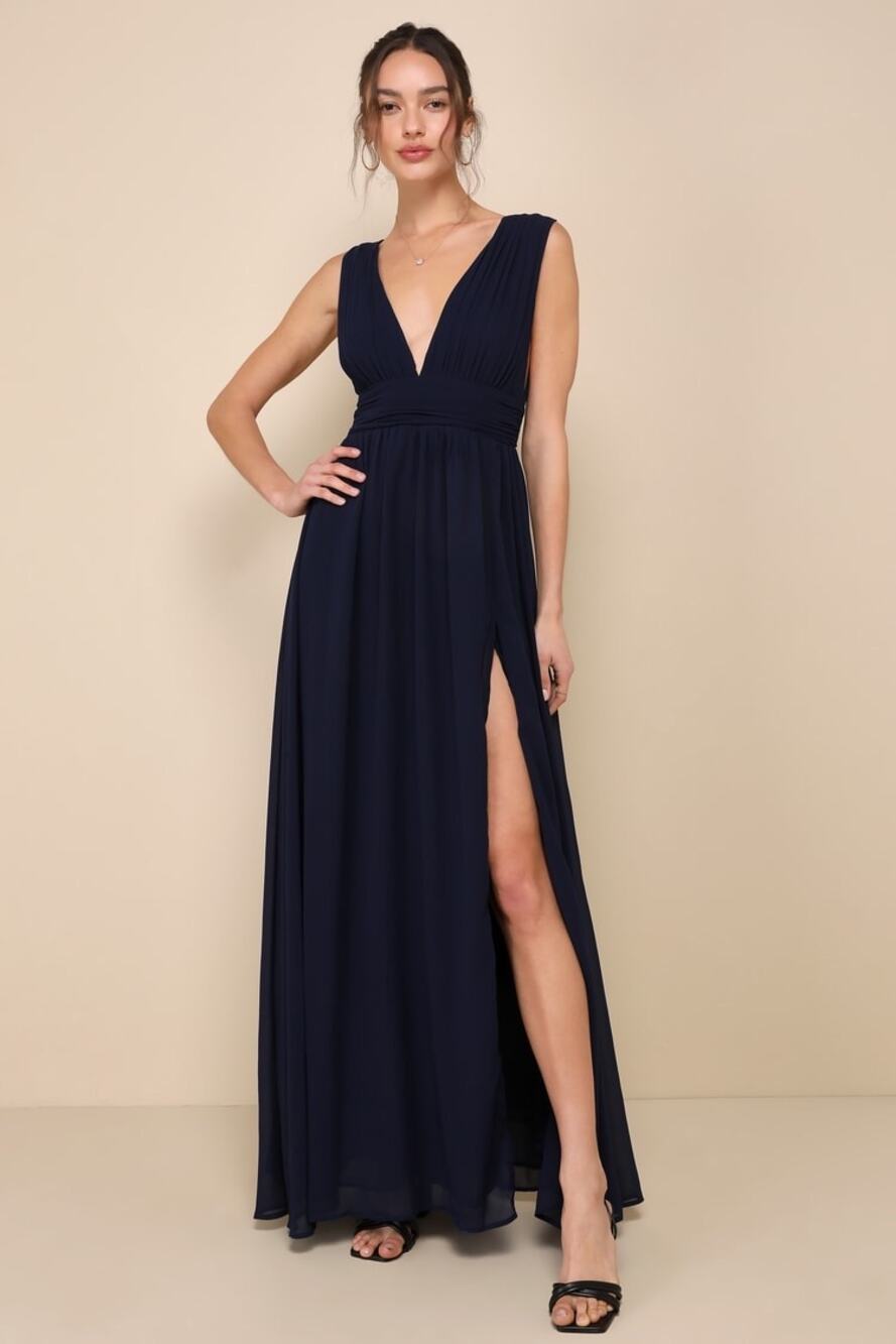 Lulus Heavenly Hues Navy Blue Maxi Dress Chiffon Bridesmaid Formal XS NWT